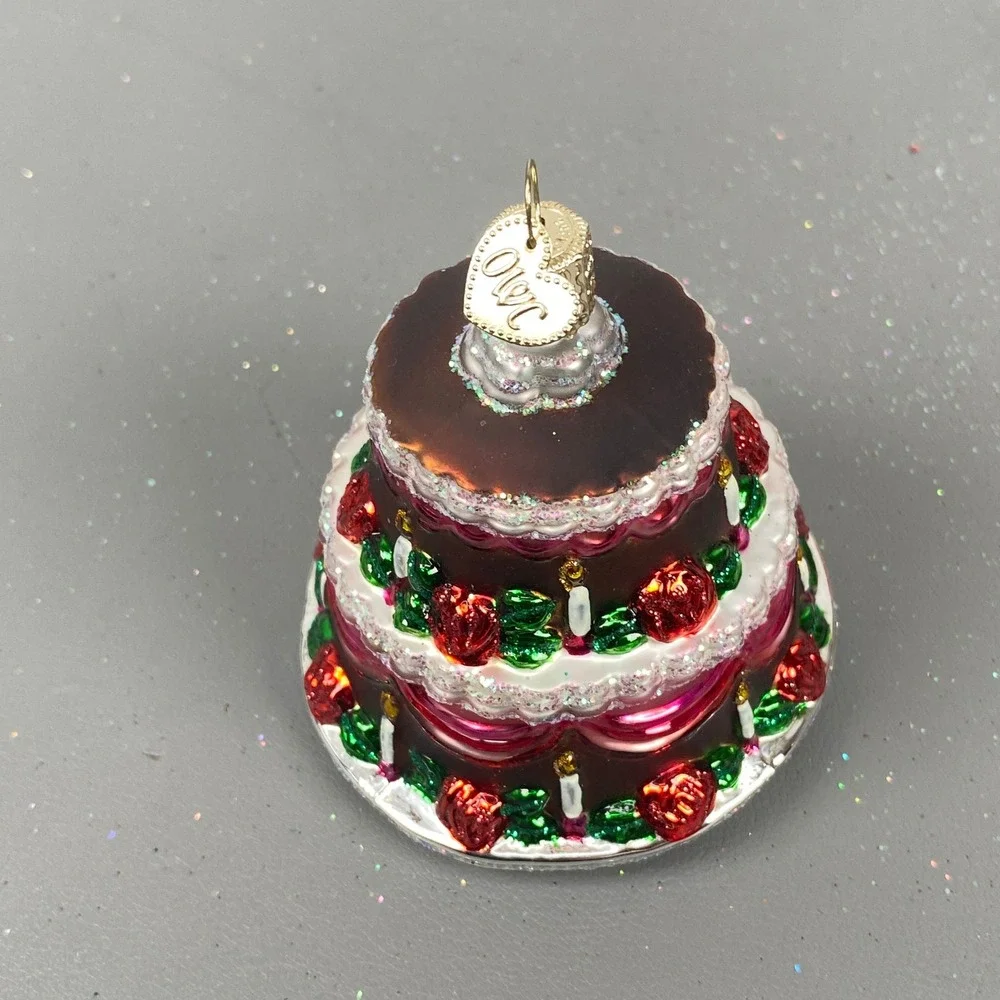 Old World Christmas Glass Holiday Ornaments Chocolate Cake & Cat In Stocking Set